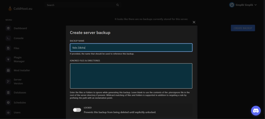 Vytvoření Zálohy pro Minecraft Server - Jméno Zálohy