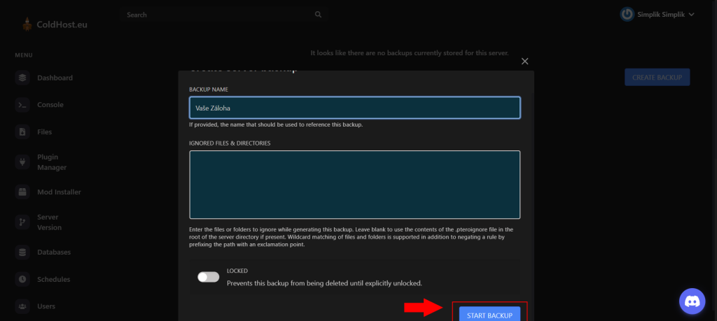 Vytvoření Zálohy pro Minecraft Server - Kliknutí na Start Backup