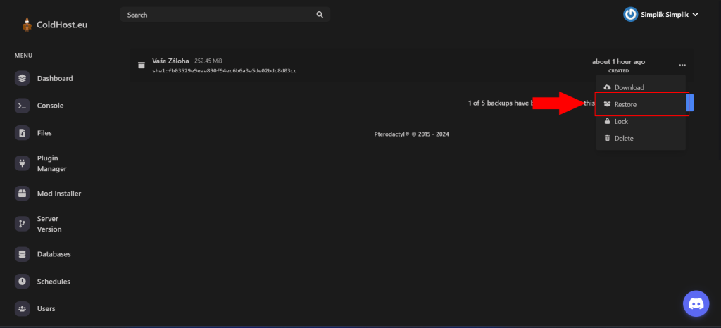 Nahrávání Zálohy Pro Minecraft Server - Kliknutí Na Restore