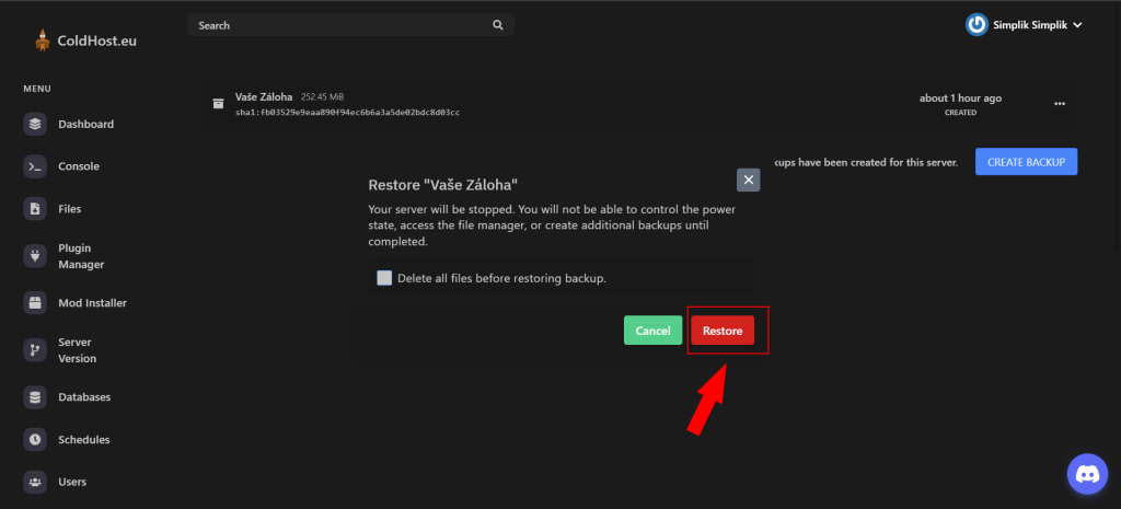 Nahrávání Zálohy Pro Minecraft Server - Kliknutí Na Tlačítko Restore