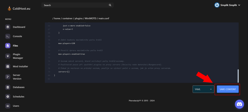Nastavení MOTD Pro Minecraft Server - Kliknutí Na Save Content