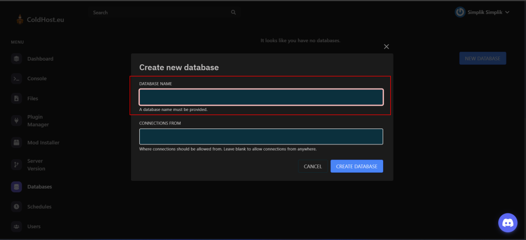 ytvoření MySQL Databáze - Zadání Jména MYSQL