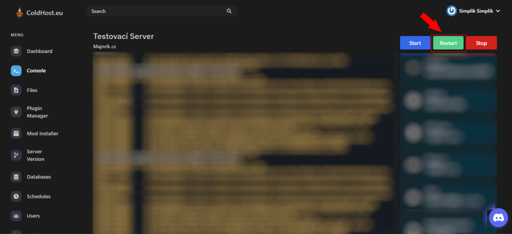 Autentizace Vašeho Minecraft Serveru - Kliknutí Na Restart