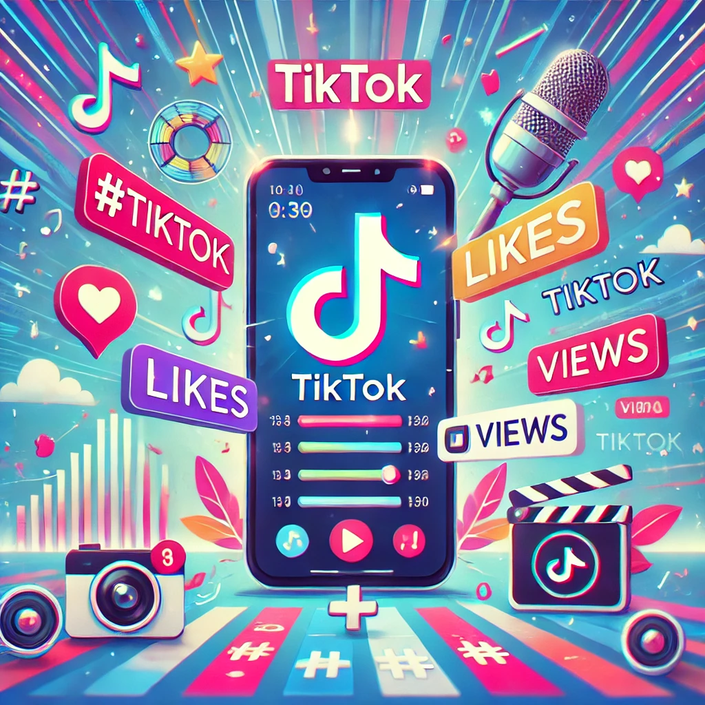 DALL·E 2024 11 06 16.13.09 A digital illustration representing the elements of a successful TikTok video. The scene includes a smartphone screen displaying a trending video wit