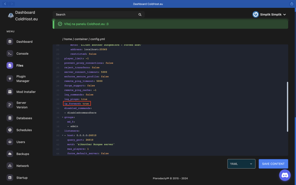 Jak ÚSPĚŠNĚ Nastavit BungeeCord - Změna Hodnoty ip_forward Na true