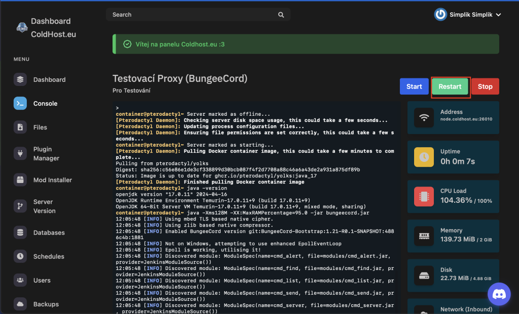 Jak Nastavit Přihlašování Na BungeeCord - Kliknete Na Restart
