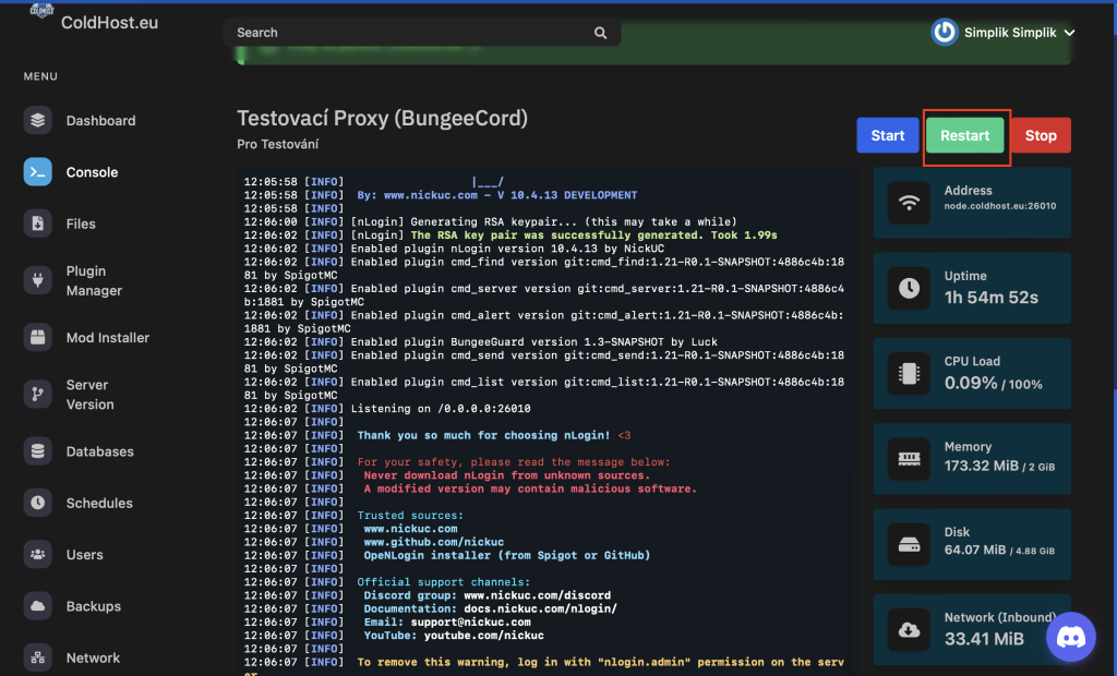 Jak Nastavit Přihlašování Na BungeeCord - Kliknutí Na Restart