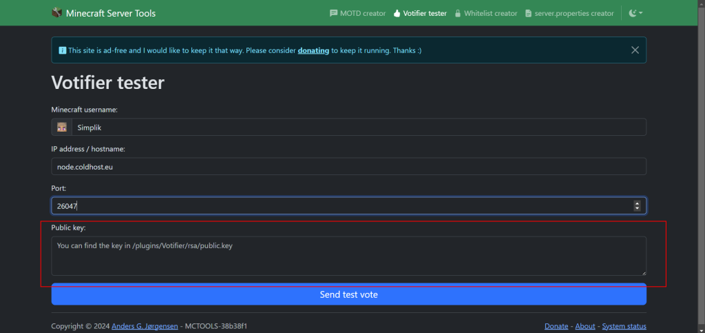 Hlasování Pro Minecraft Server Vložení do textového pole Public key: